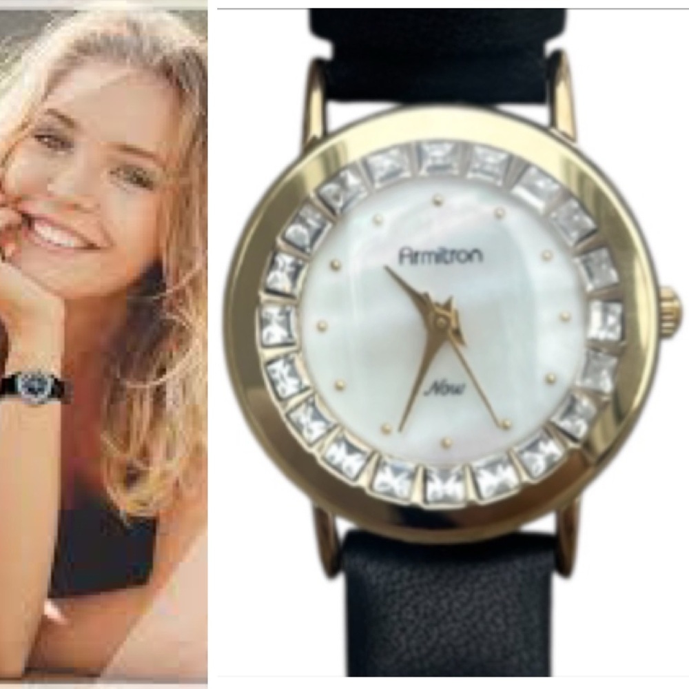 Vintage Watch 90s Y2K Armstrong Crystal Bezel Mother Of Pearl Black Leather Band